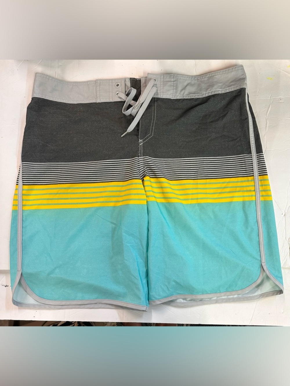 Men's Mossimo Colorblock Striped Swim Trunks - Surfshorts- Gray, Yellow & Teal